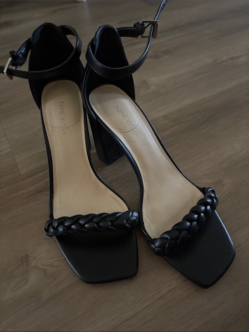 Nine West Black Braided-Strap Block Heel Sandals